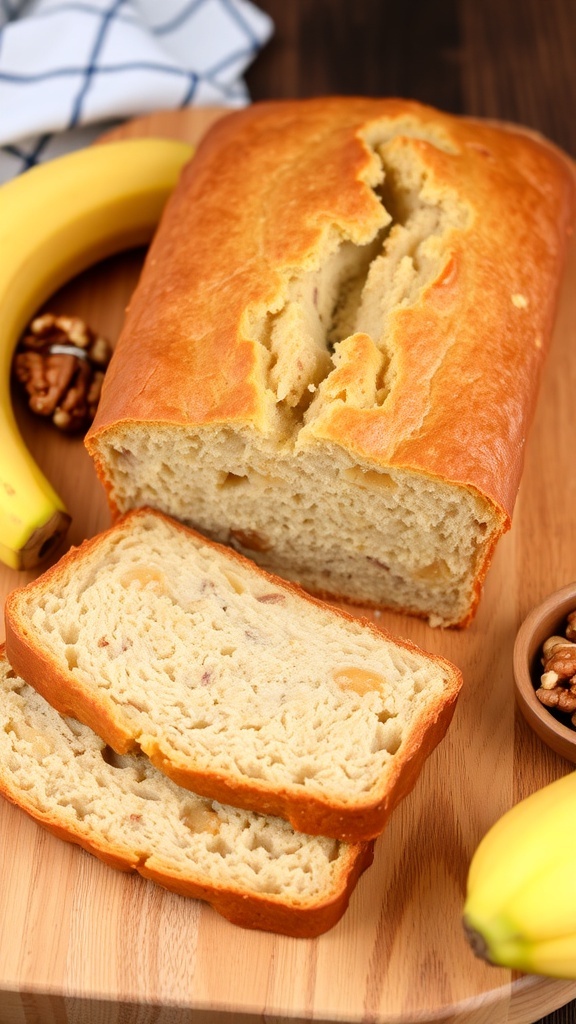 A golden brown loaf of banana bread sliced on a cutting board, with ripe bananas and walnuts beside it.